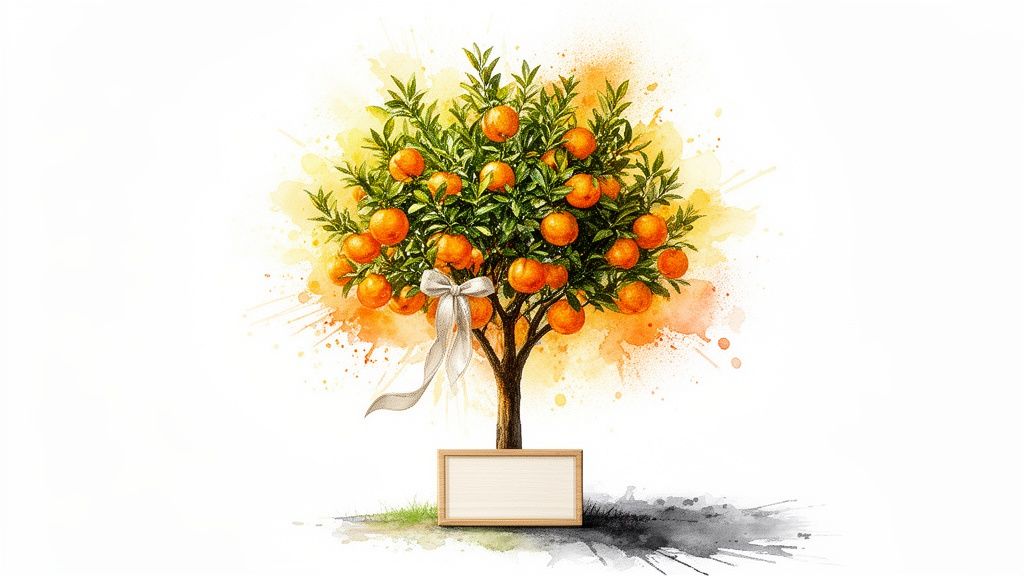 Peinture aquarelle d'un oranger luxuriant rempli d'oranges, avec un ruban blanc et un panneau en bois vide.