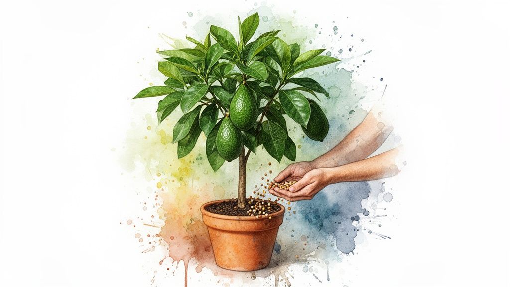 Une petite plante d'avocatier en pot est fertilisée par des mains, sur fond d'aquarelle.