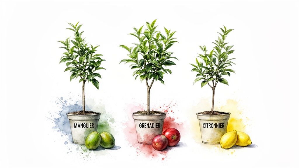 Illustration de trois jeunes arbres en pot (manguier, grenadier, citronnier) avec leurs fruits respectifs, sur fond blanc.