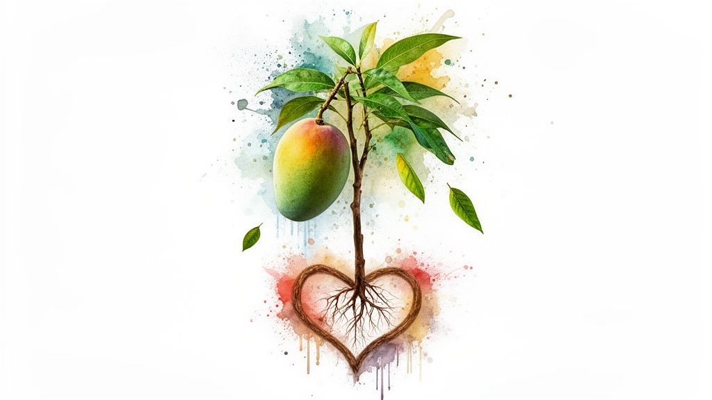 Illustration aquarelle d'un jeune manguier avec un fruit, ses racines formant un cœur, sur fond blanc.