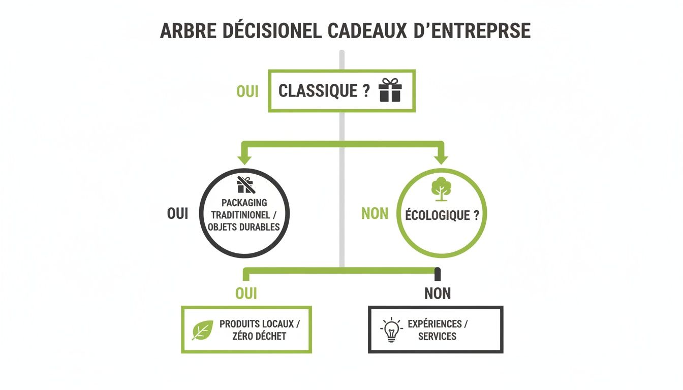 Un arbre décisionnel pour choisir des cadeaux d'entreprise, explorant des options classiques, écologiques, locales ou basées sur des expériences.