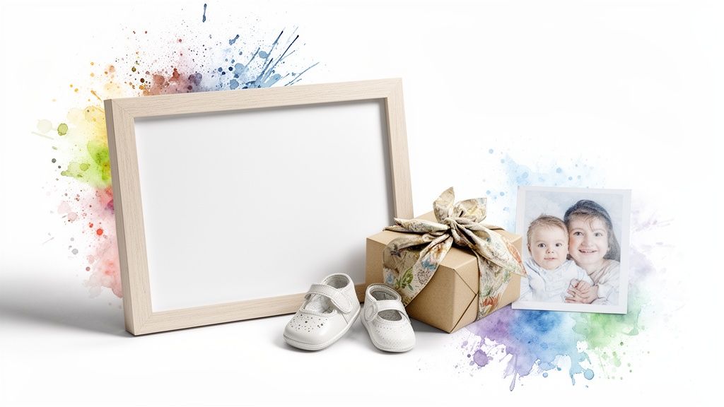 Cadre photo vide, cadeau emballé, chaussures de bébé blanches et photo d'enfants sur fond d'aquarelle colorée.