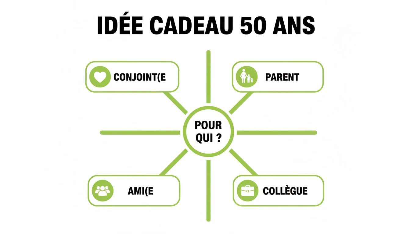 Diagramme d'idées cadeaux pour un 50e anniversaire, avec des suggestions pour conjoint, parent, ami et collègue.