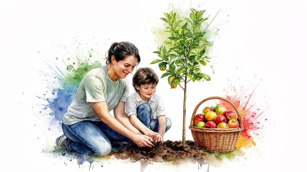 Une femme et un enfant plantent un jeune arbre, avec un panier de pommes à côté.