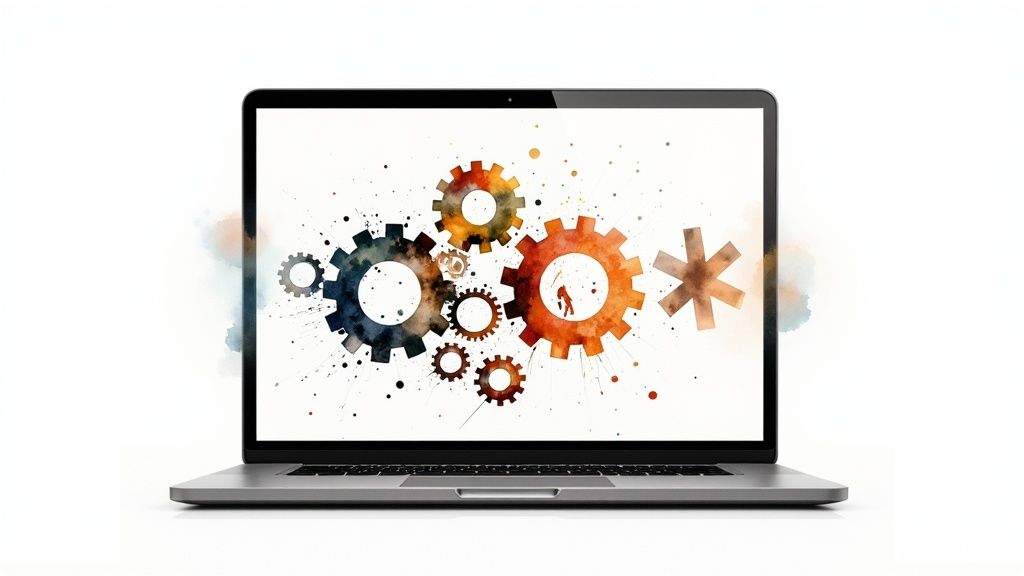 A B2B marketer analyzing data on a futuristic technology dashboard to scale their ABM program