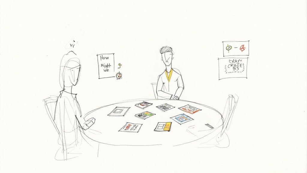 A person sketching a mobile app layout on paper