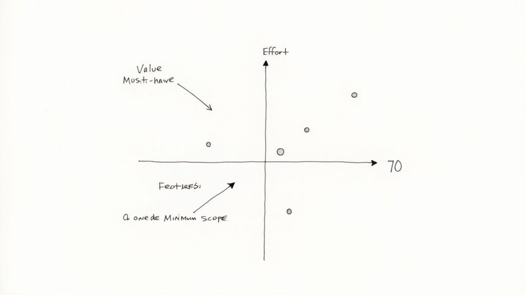 A visual representation of a prioritization matrix with features plotted on it.