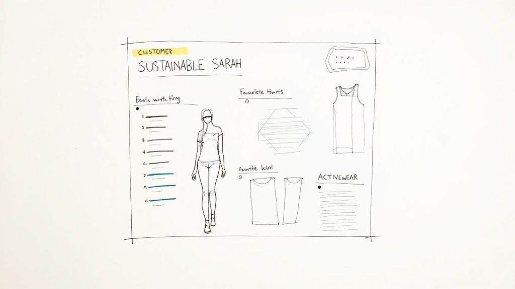 A smiling woman, representing a customer persona, working on a laptop in a well-lit cafe.