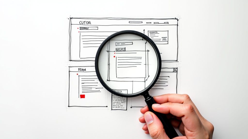 A person examining a website on a large screen with sticky notes and diagrams around it, representing a detailed review.