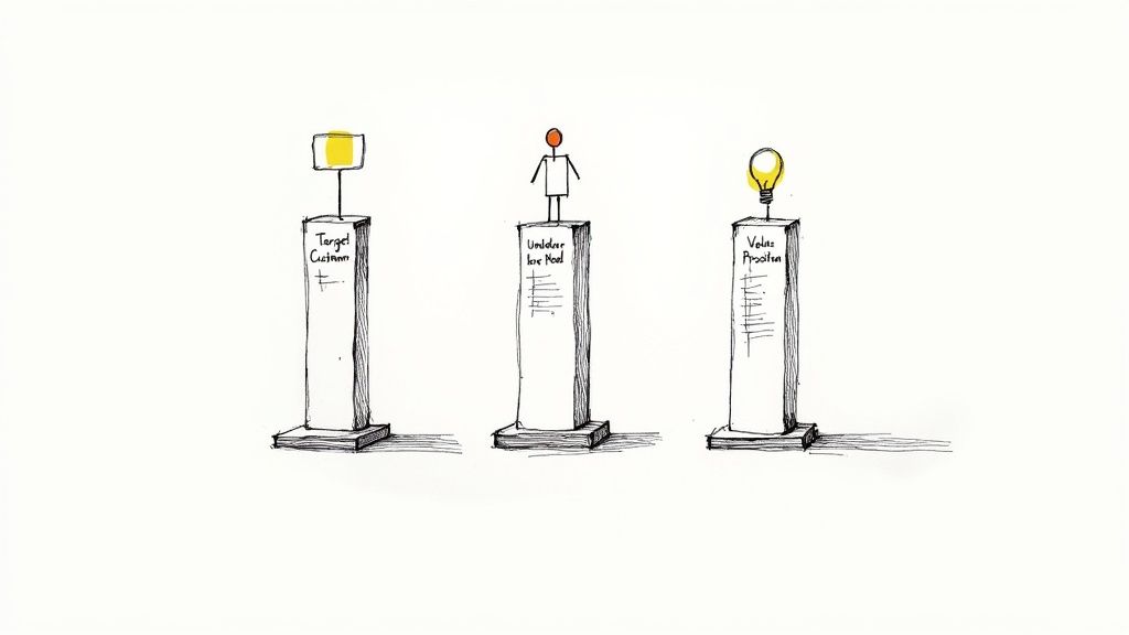 Three interconnected circles labeled 'Customer', 'Need', and 'Value Prop', representing the pillars of product market fit.