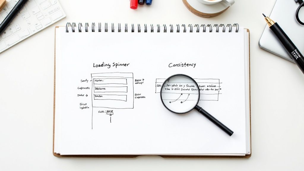 A person examining a website on a laptop screen while taking notes, illustrating the process of a heuristic evaluation.