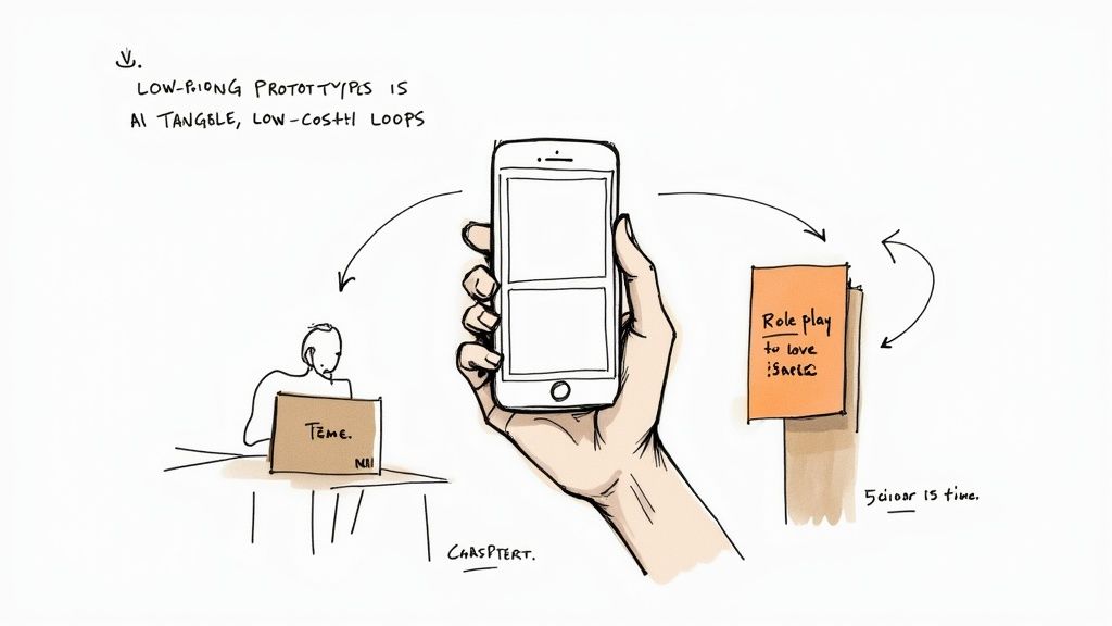 A user interacting with a prototype on a tablet while a researcher observes.