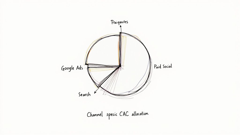 A dashboard showing customer acquisition cost broken down by different marketing channels like social media, search ads, and email marketing.