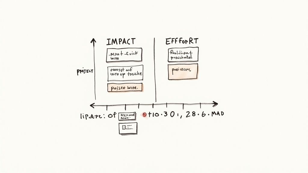 A person at a desk organizing sticky notes on a whiteboard, creating a visual action plan.