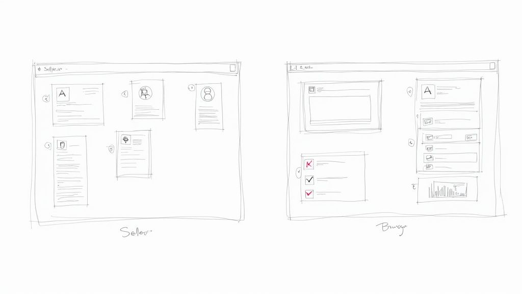 Stylized illustration of different technology stacks and platforms for an online marketplace