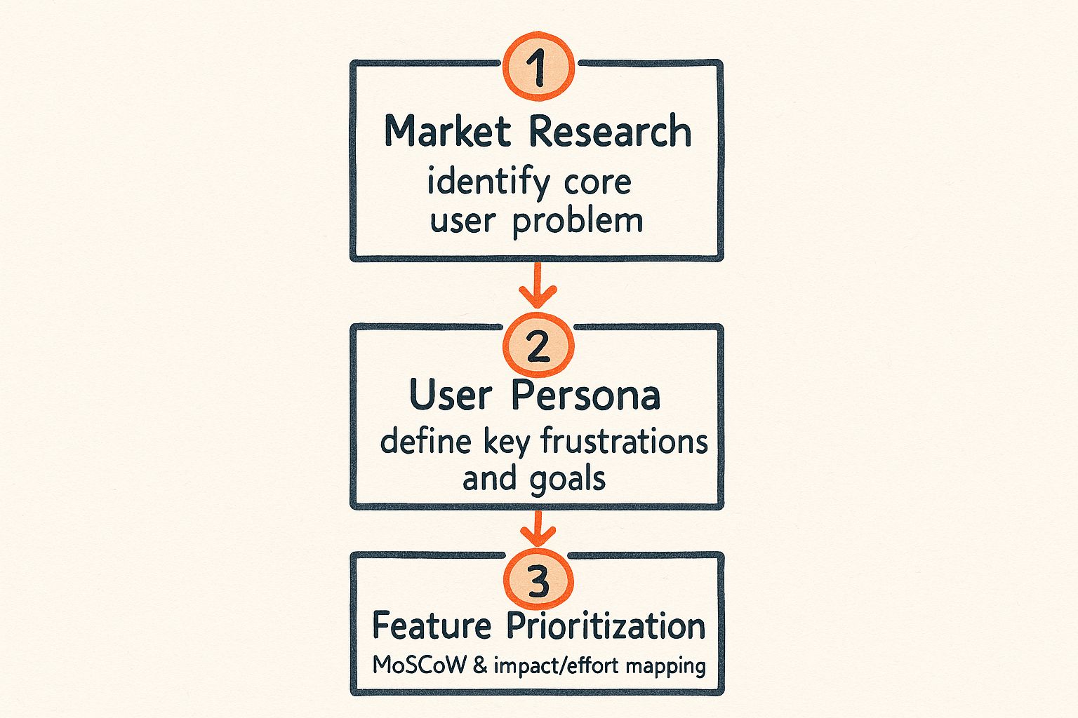 An infographic showing a three-step process: market research to identify user problems, creating user personas to define goals, and feature prioritization using proven frameworks.
