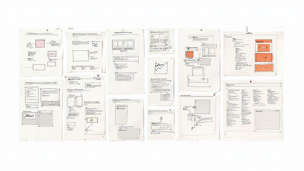 A team of UX/UI designers collaborating around a table with sticky notes, wireframes, and digital screens.