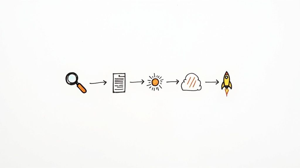 A visual representation of a product development journey, showing a path from an initial idea to a launched product.