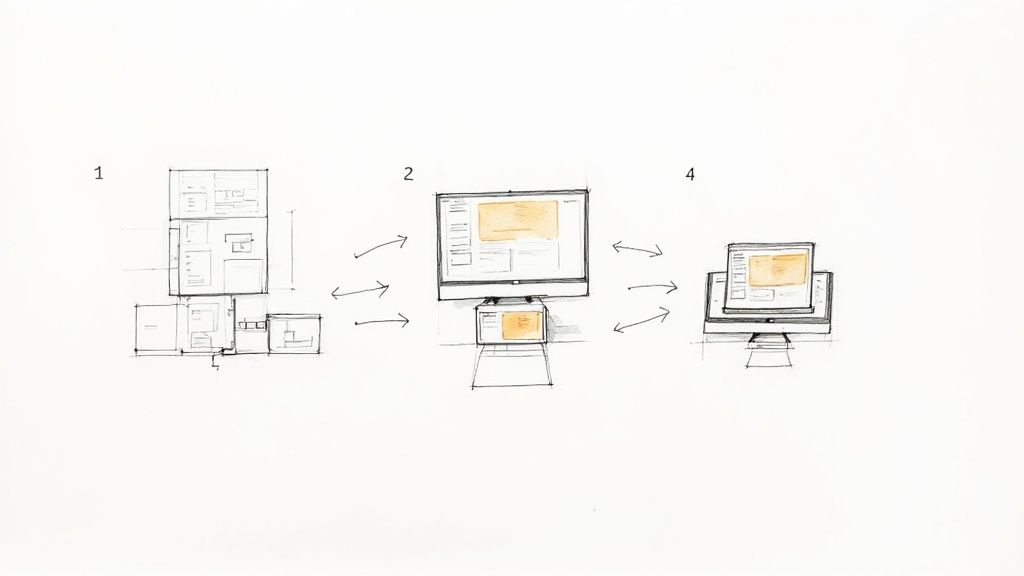 A designer sketching wireframes on paper, illustrating the initial stages of the design process.
