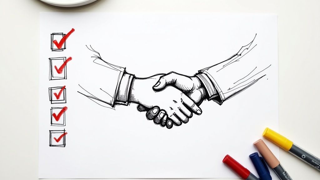 A founder shaking hands with a development partner, symbolizing a successful partnership.