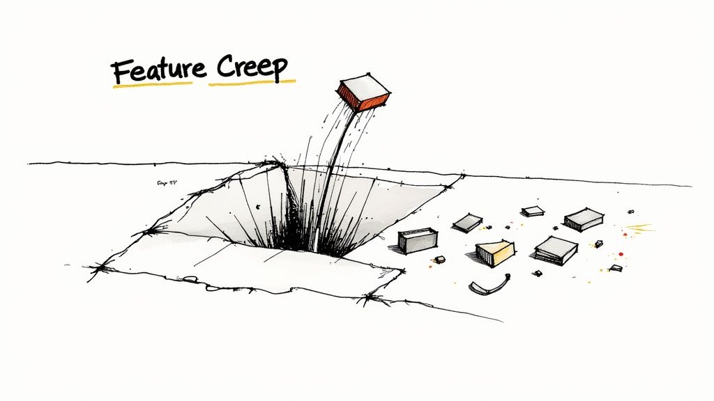 A person looking at a crossroads sign with question marks, symbolizing the choices and potential pitfalls in MVP development.