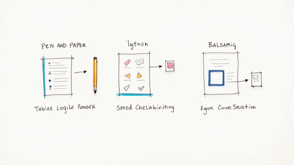 A designer at a desk comparing different wireframing tools on a computer screen.
