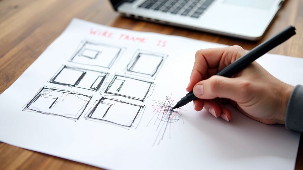 A low-fidelity wireframe being created in Figma, showing the basic structure of a user interface.