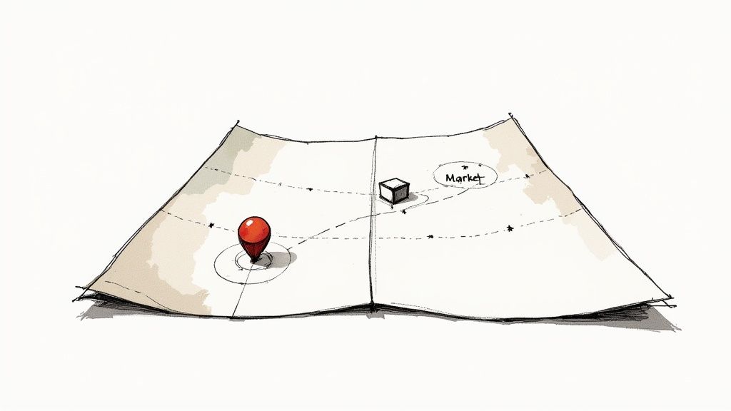 A team collaborating on a whiteboard with sticky notes, illustrating the strategic planning involved in a product market fit framework.