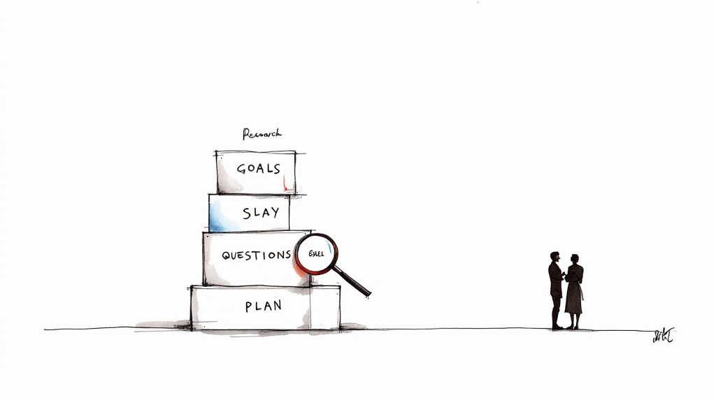 A person at a desk carefully planning and organizing notes for a research project, indicating the preparation phase.