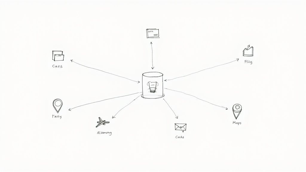 A diagram showing how an API connects different third-party services like payment, shipping, and maps to a central app.