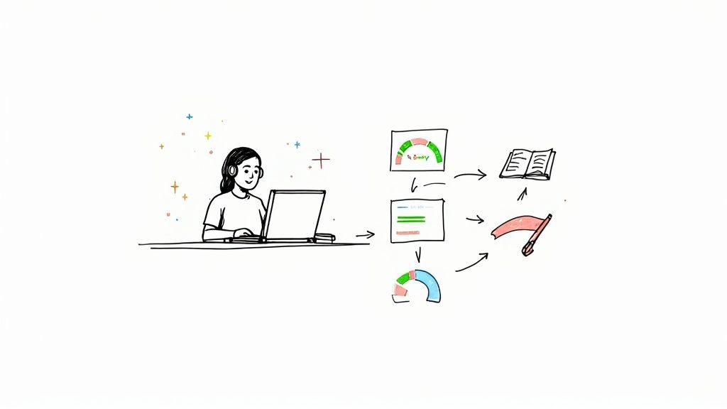 A customer service agent with a headset smiling and helping a customer on a laptop, representing a positive support experience.