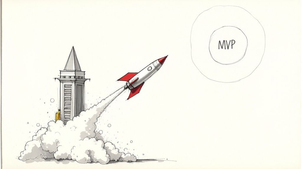 A group of startup founders collaborating around a table with laptops and sticky notes, planning their MVP.