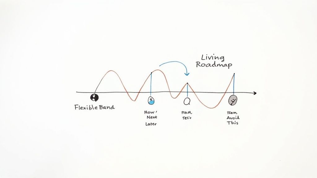 A group of team members collaborating around a whiteboard with sticky notes, representing a dynamic and living product roadmap.