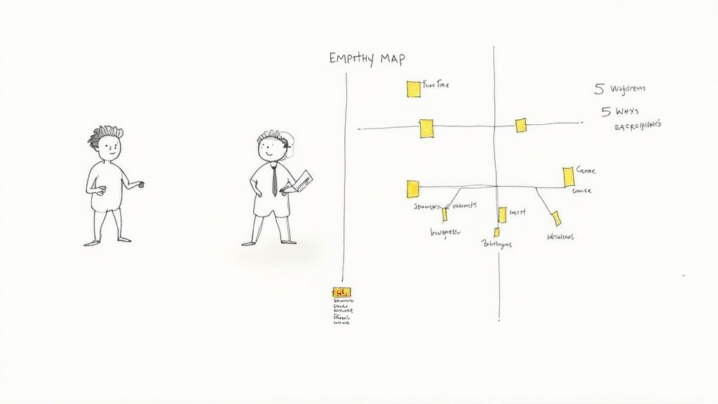 A team brainstorming with sticky notes on a whiteboard