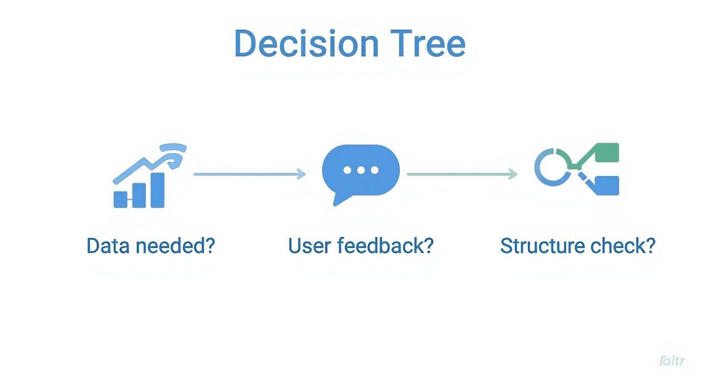Infographic decision tree for selecting design validation methods based on project needs like data, user feedback, or structure checks.