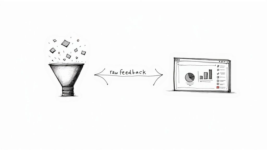 A team collaborating on a UX audit, analyzing data on a large screen and sticky notes on a wall.