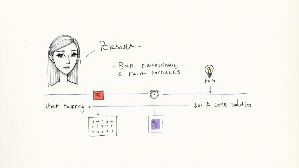 A user persona card for 'Sarah' with details about her goals and frustrations.