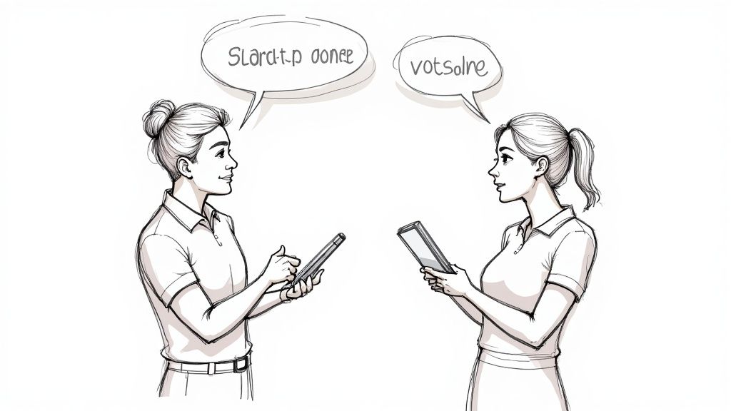 A person sketching user experience wireframes on a tablet in a modern office setting.