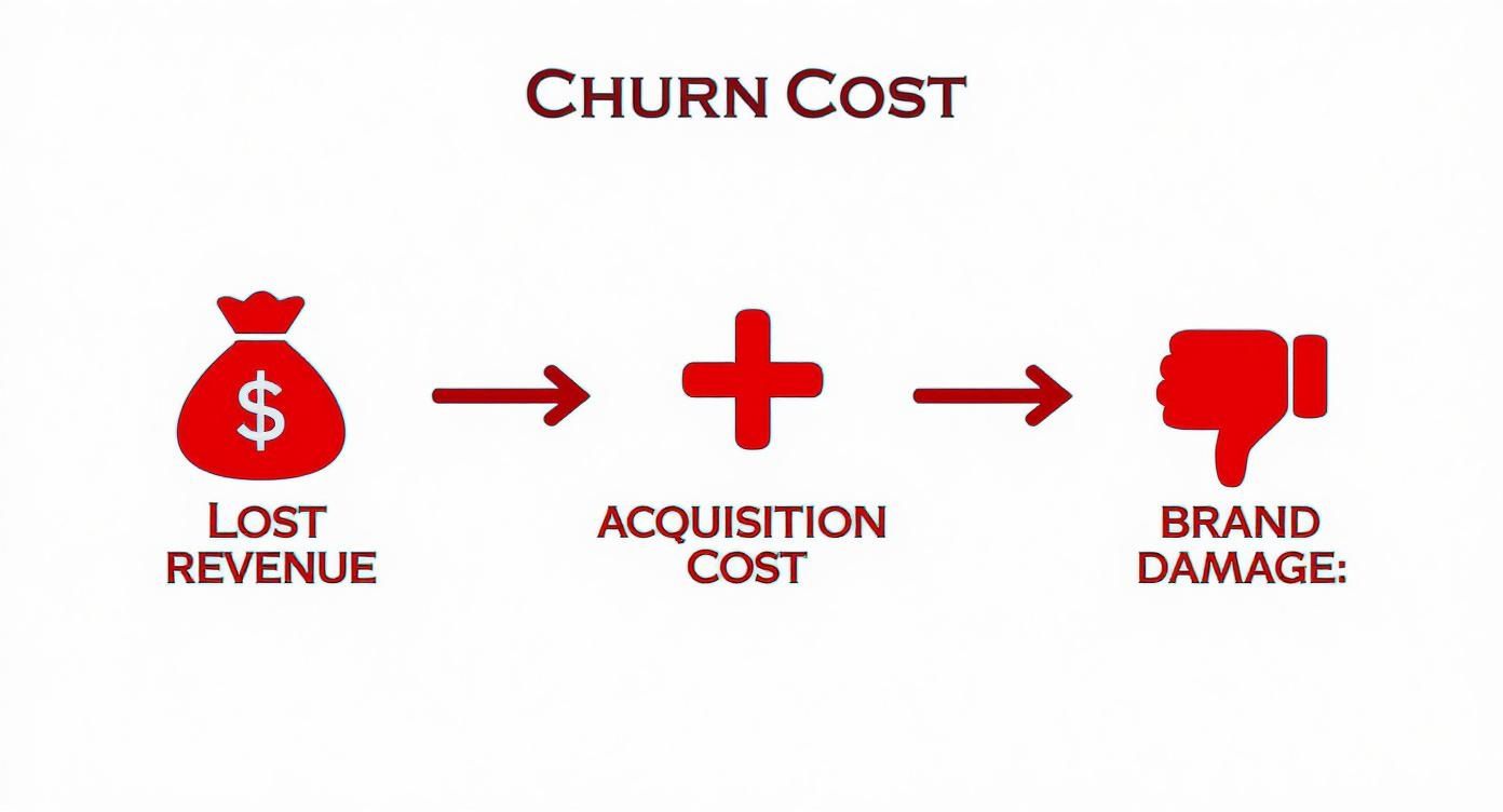 Infographic illustrating the costs of customer churn including lost revenue, acquisition costs, and brand damage