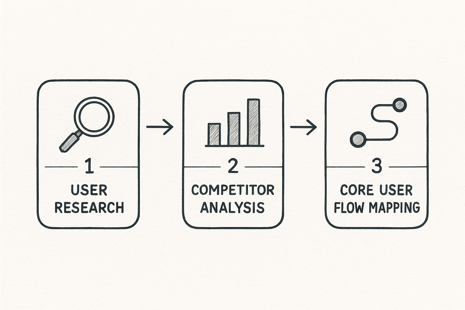Infographic showing a process flow with three steps User Research, Competitor Analysis, and Core User Flow Mapping