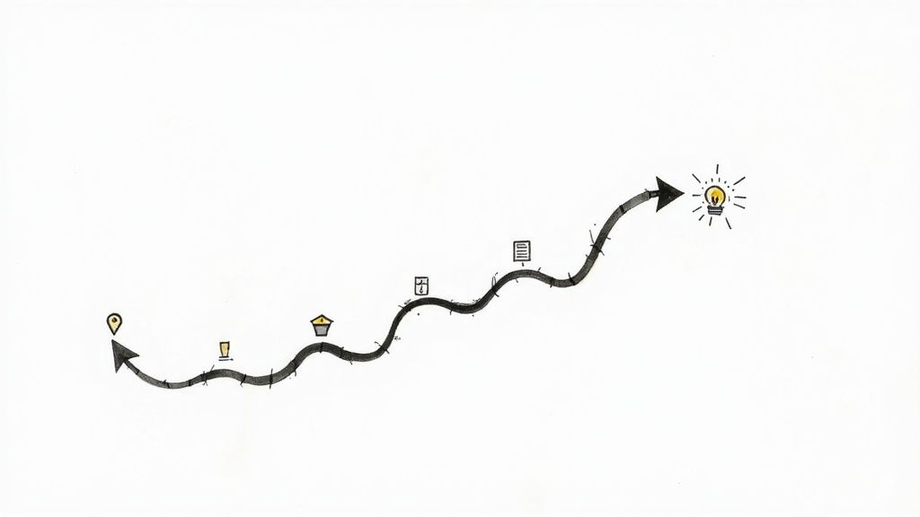 A visual representation of the product development journey, showing a path from an idea lightbulb to a launched product.