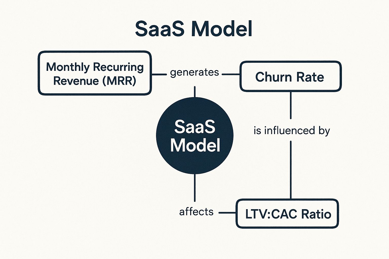 Infographic showing the relationship between key SaaS metrics like MRR, Churn, and LTV:CAC ratio.
