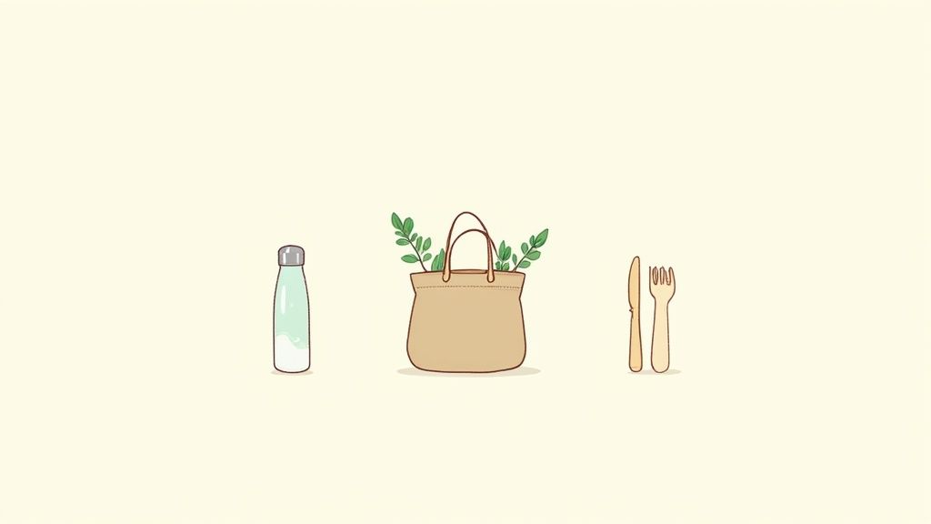 Eco-Friendly Products like branded tote bags and reusable water bottles.