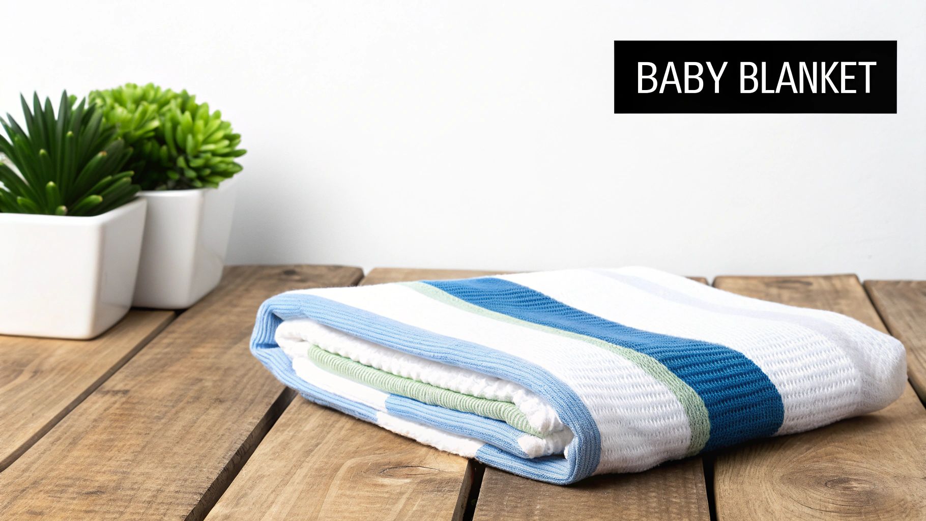 Knitted baby blanket in blue and white stripes