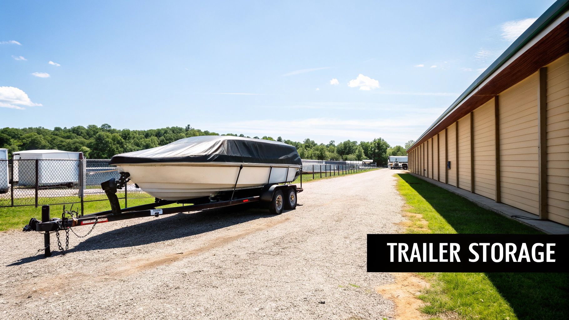 A boat on a trailer being stored outdoors next to a building, covered with a protective boat cover.
