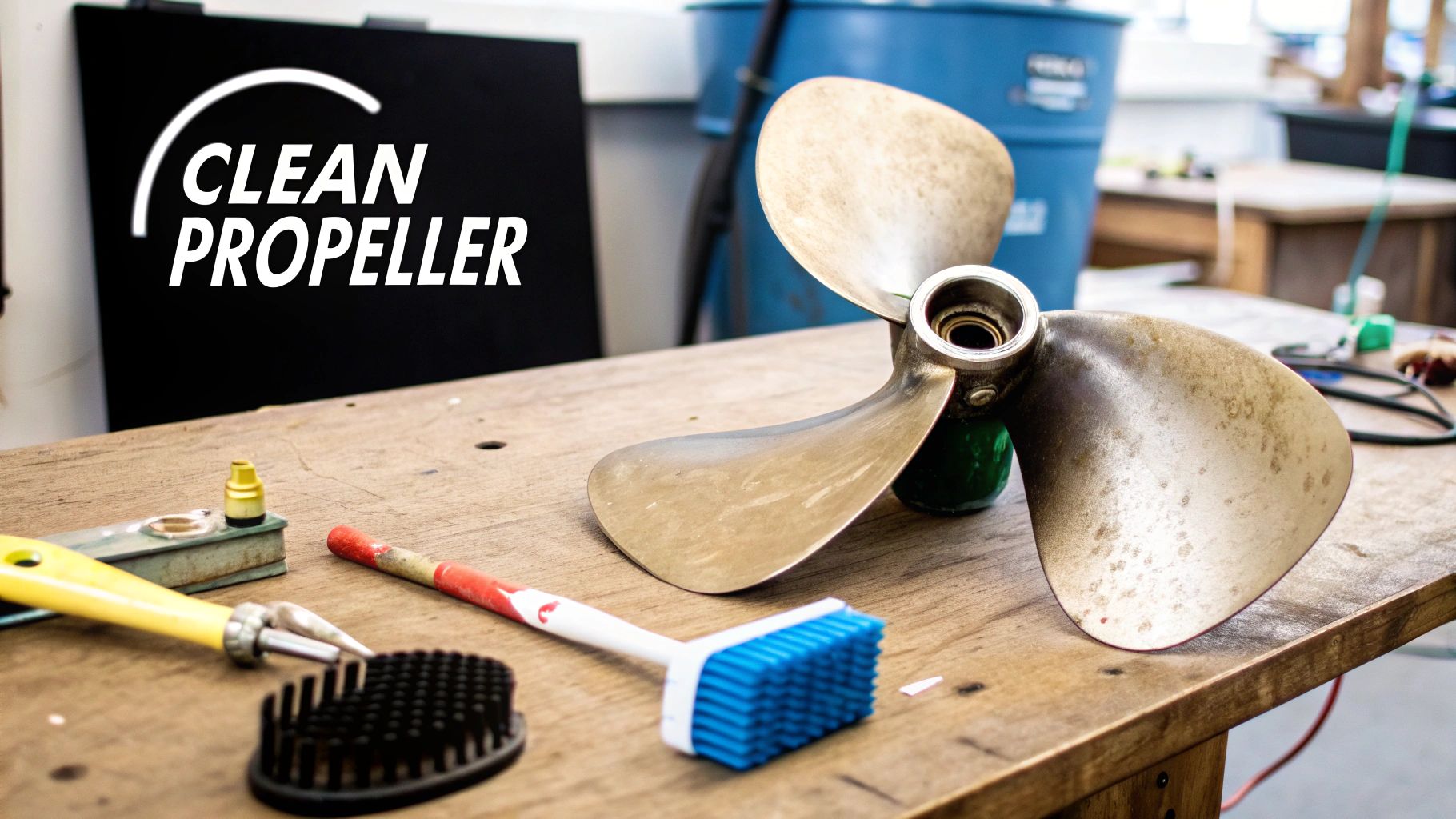 A boat propeller being inspected for damage and fishing line.