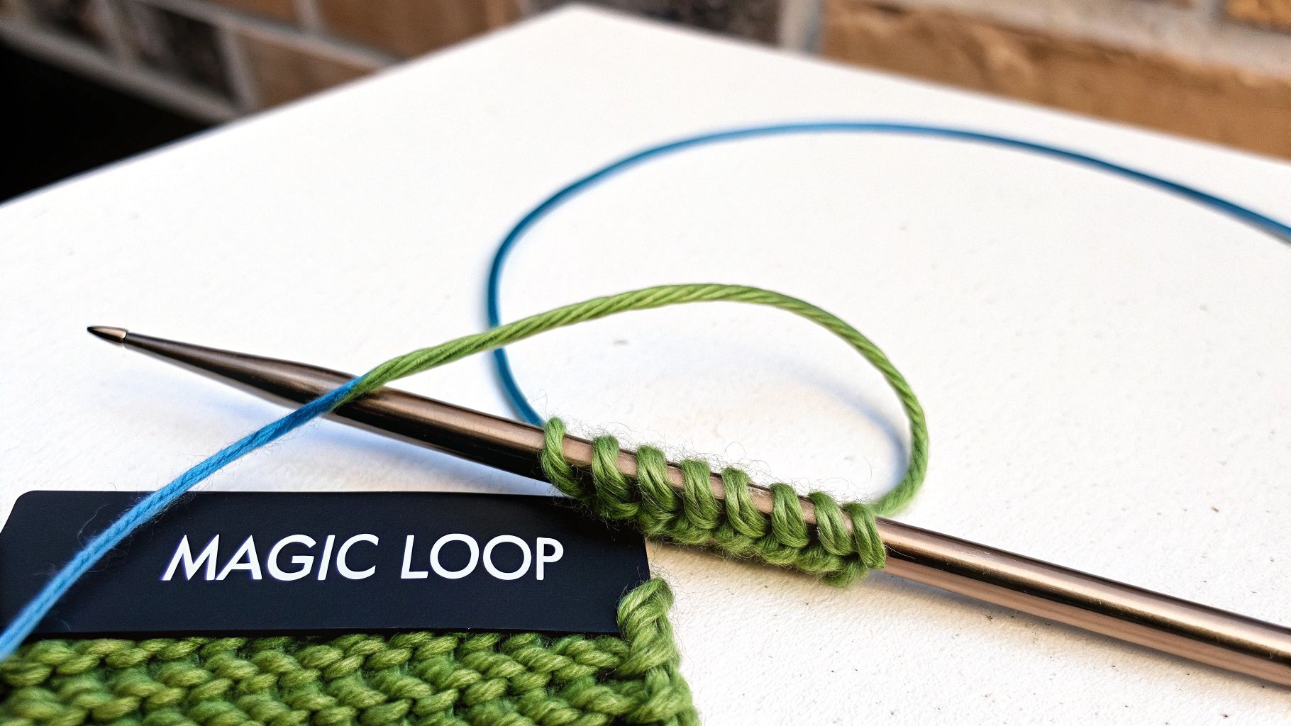 A pair of colorful knitted socks in progress, demonstrating the Magic Loop technique on a single circular needle.