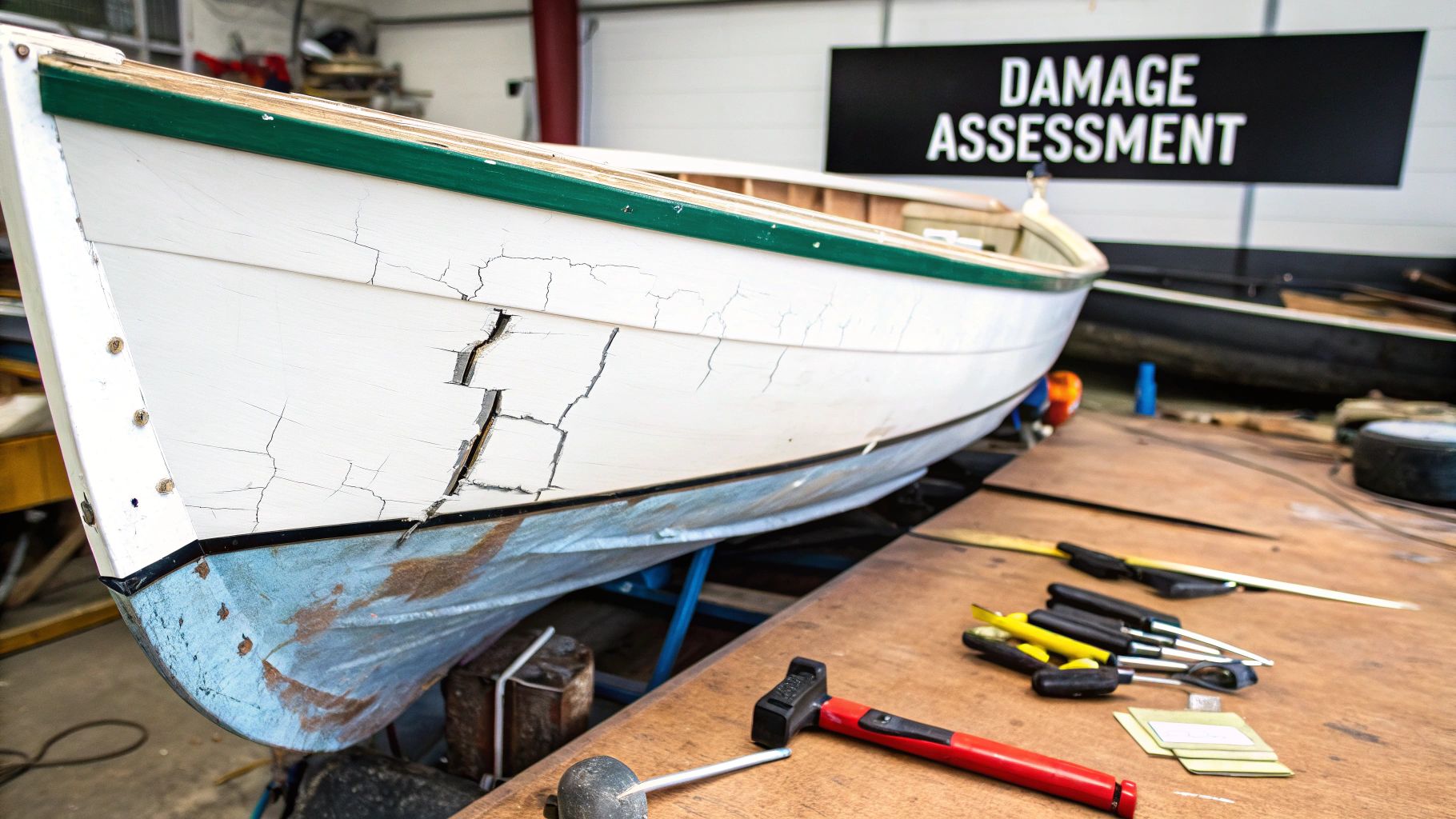A person inspecting the hull of a fiberglass boat in a well-lit workshop.