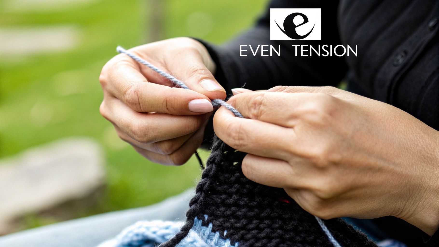 A close-up shot of a person knitting with grey yarn, demonstrating how to hold the yarn to maintain consistent tension.
