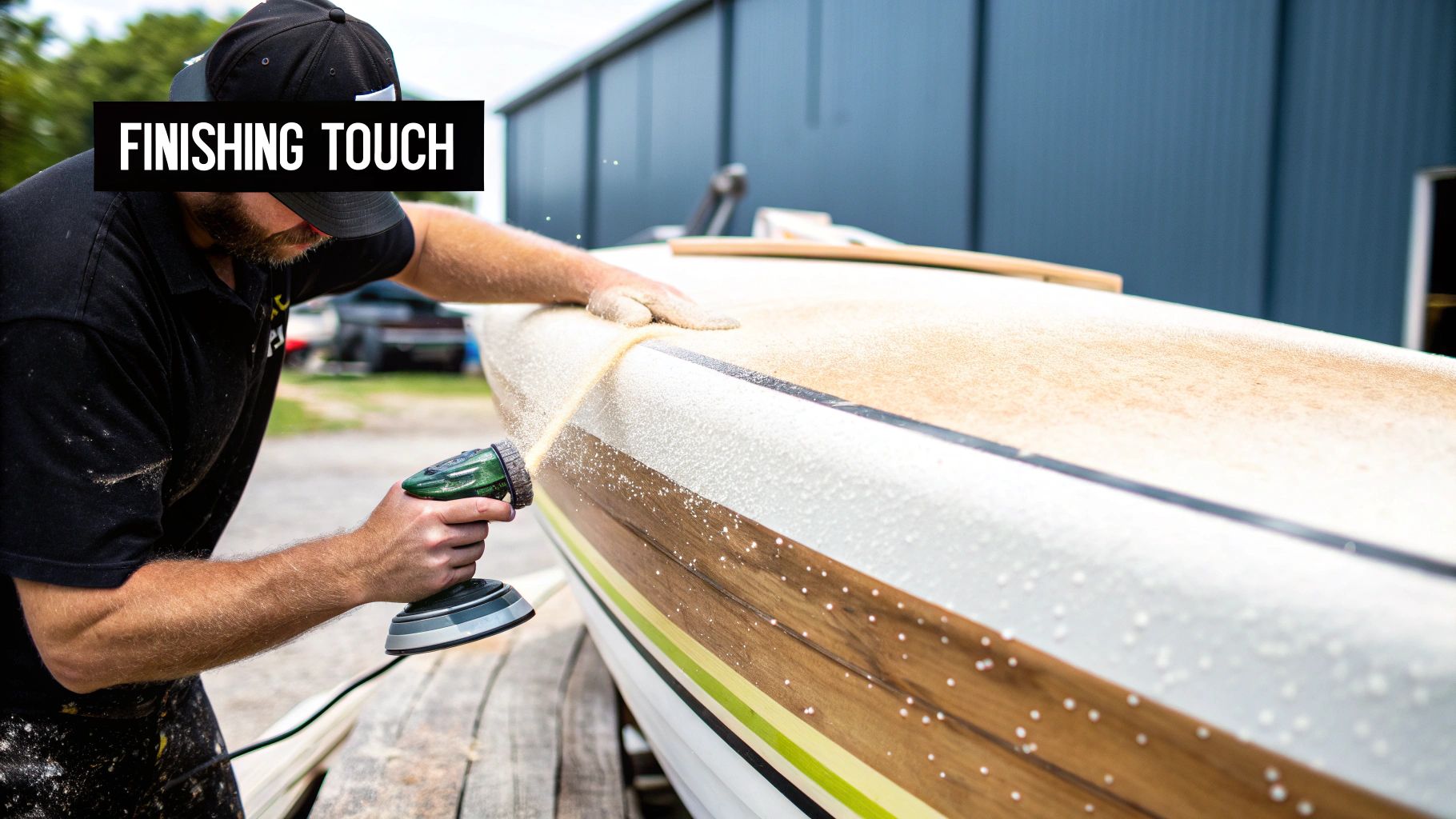 A close-up shot of a person buffing a newly repaired fiberglass boat hull to a high-gloss shine.